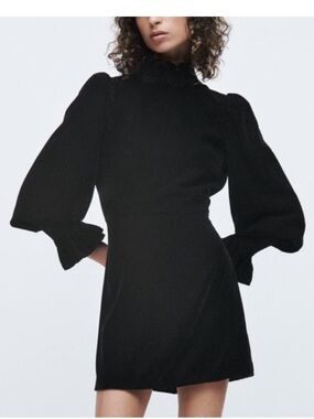 Zara Black Puff-Sleeve High-Neck Mini Dress